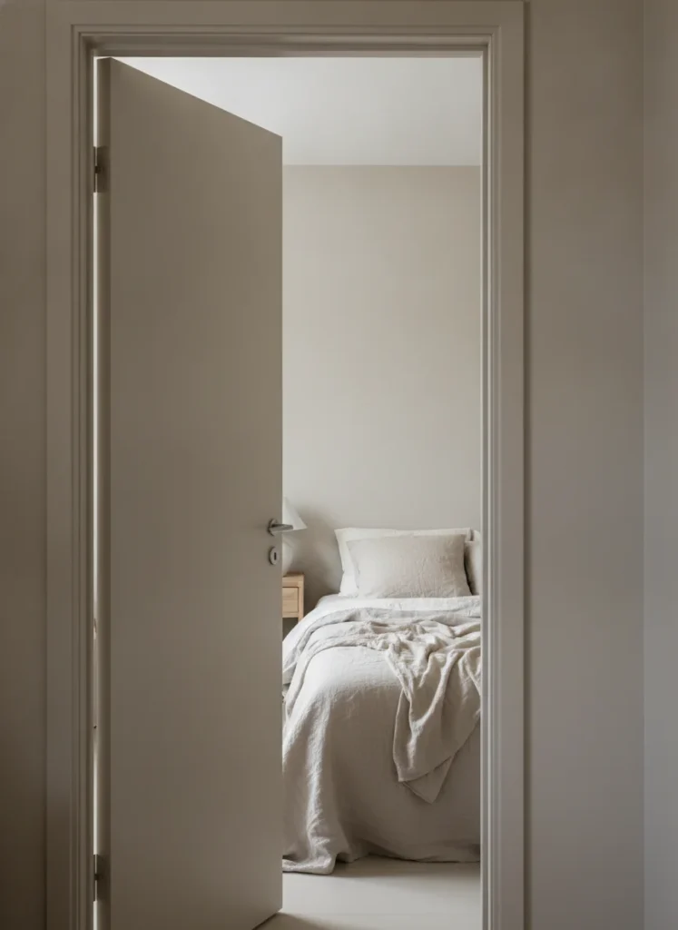 A small bedroom with the interior door painted exactly the same warm greige color as the surrounding walls, making the door visually disappear into the wall surface. The door is closed. The room beyond shows a bed with neutral linen bedding and a simple wooden nightstand. Shot from inside the bedroom on a phone, natural light, calm and airy.