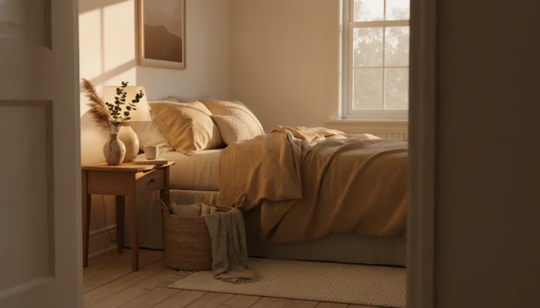 A small bedroom styled with warm, intentional decor: a linen duvet in warm oat color, a small ceramic vase with dried stems on the nightstand, a woven basket under the bed, and soft warm lighting from a bedside lamp. Shot on iPhone from the doorway, golden hour light, lived-in and real, no staging feel.