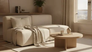 A cozy, small apartment living room styled with warm neutrals and natural textures. A low-profile beige sofa is dressed with a boucle throw pillow and a waffle knit blanket. On a wooden coffee table sits a small travertine stone tray with a candle and a tiny ceramic vase. Shot on iPhone 15 Pro, warm afternoon light coming through a window, background softly blurred, lived-in and real.