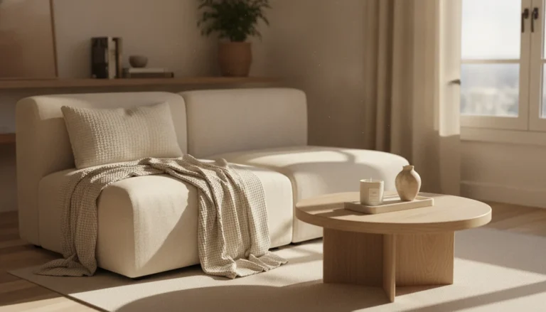 A cozy, small apartment living room styled with warm neutrals and natural textures. A low-profile beige sofa is dressed with a boucle throw pillow and a waffle knit blanket. On a wooden coffee table sits a small travertine stone tray with a candle and a tiny ceramic vase. Shot on iPhone 15 Pro, warm afternoon light coming through a window, background softly blurred, lived-in and real.