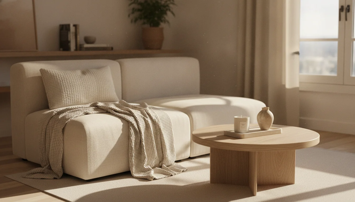 A cozy, small apartment living room styled with warm neutrals and natural textures. A low-profile beige sofa is dressed with a boucle throw pillow and a waffle knit blanket. On a wooden coffee table sits a small travertine stone tray with a candle and a tiny ceramic vase. Shot on iPhone 15 Pro, warm afternoon light coming through a window, background softly blurred, lived-in and real.