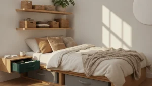 A small but beautifully organized bedroom. Open wooden floating shelves hold folded items in woven baskets. Under-bed storage bags are barely visible beneath a platform bed frame. A slim velvet drawer organizer is pulled slightly open in a shallow nightstand drawer. Shot on iPhone 15 Pro, warm afternoon light, lived-in and real, not staged.