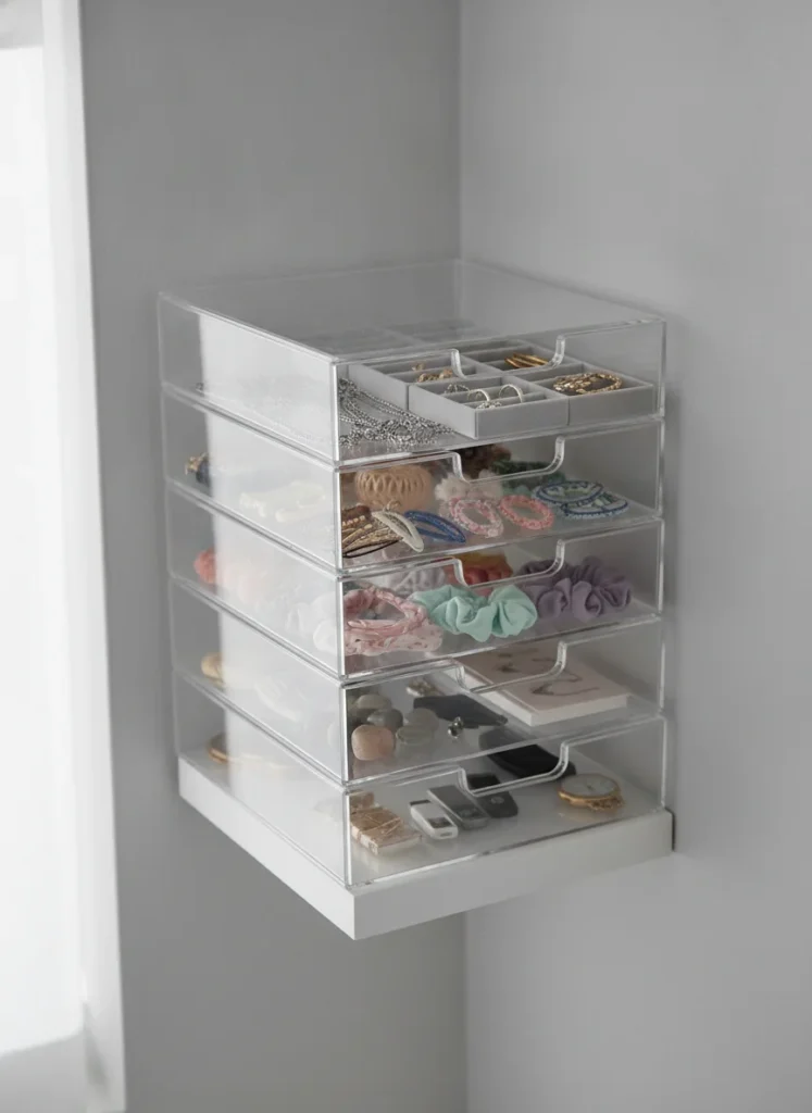 A set of slim stackable clear acrylic drawers sitting on a small floating shelf. Inside the drawers, jewelry, hair accessories, and small items are neatly separated. Shot from slightly above, bright natural light, clean and organized look.