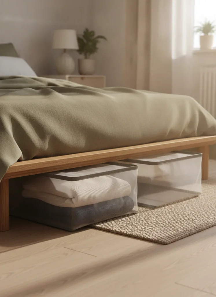 Two slim zippered storage bags with clear windows slid under a low platform bed. Inside one bag, neatly folded sweaters are visible. Shot from floor level, warm afternoon light, realistic bedroom setting.
