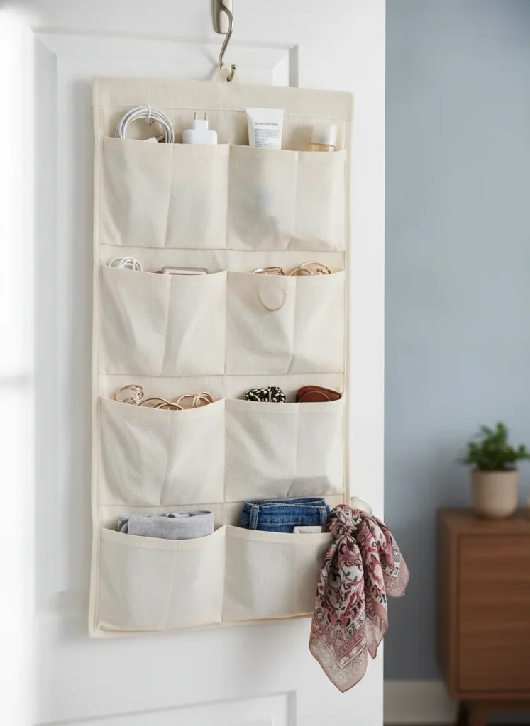 A fabric over-the-door pocket organizer hanging on the back of a white bedroom door. The pockets hold a phone charger, sunscreen, hand lotion, small accessories, and folded items. Shot handheld from eye level, bright morning light, clean and practical.