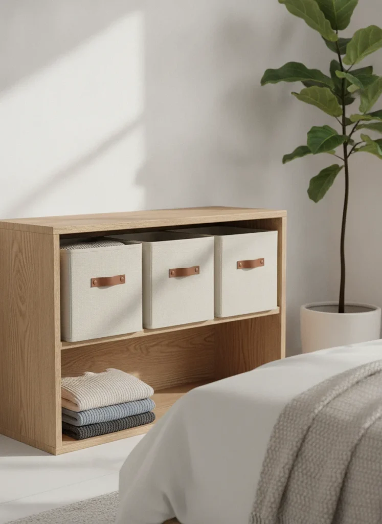 Three matching neutral-colored fabric storage cubes on an open wooden shelf. One is slightly open showing folded sweaters inside. The cubes have small leather-look tab handles. Shot from front-on, bright indirect light, minimalist bedroom.