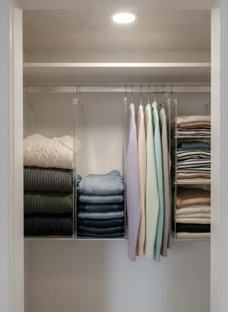 Inside a small closet, four hanging shelf dividers installed on the closet rod separate stacks of folded sweaters and jeans. The dividers are slim and clear. Shot from slightly inside the closet door, overhead closet light, organized and clean.