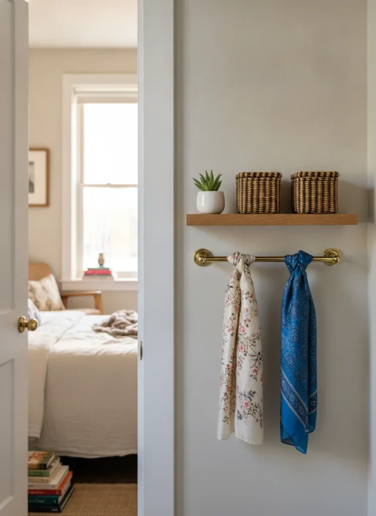 A small floating wooden wall shelf mounted above a bedroom door. On the shelf sit two small woven baskets and a tiny plant. Below the shelf, a slim towel bar holds two silk scarves. Shot from across the room, warm light, lived-in apartment feel.