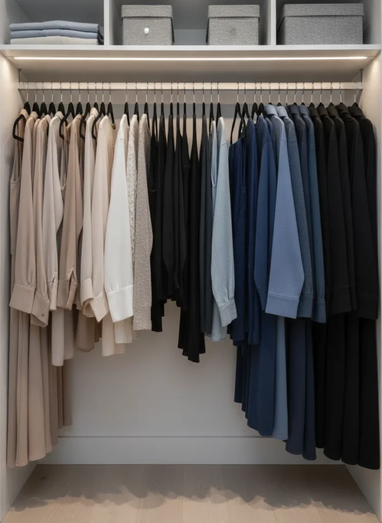 A closet rod densely packed with slim velvet hangers in black. Clothes hang neatly without slipping. The closet looks much more spacious than before. Shot from inside the closet at eye level, soft overhead light, very organized.