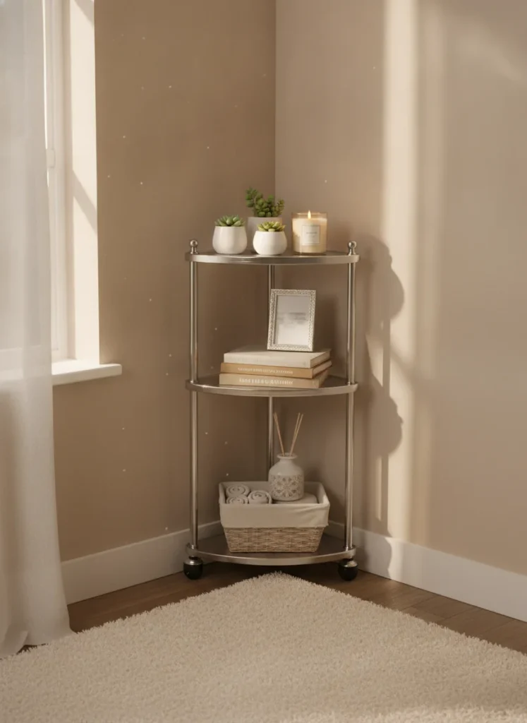 A tension rod corner shelf installed in a bedroom corner near a window. The three chrome tiers hold small potted plants, a candle, and a few books. No wall damage visible. Shot at eye level, warm afternoon light, stylish and functional.