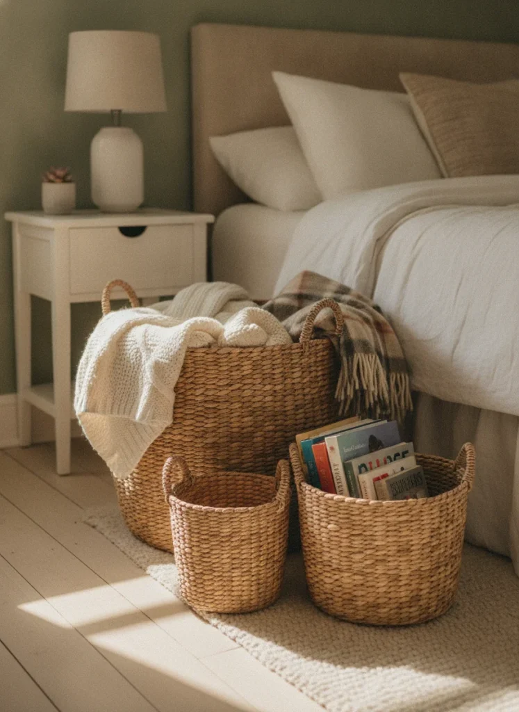 A set of three nesting woven seagrass baskets in varying sizes sitting in the corner of a small bedroom. The largest holds extra blankets, the medium one holds books. Shot handheld from slightly above, warm afternoon light.