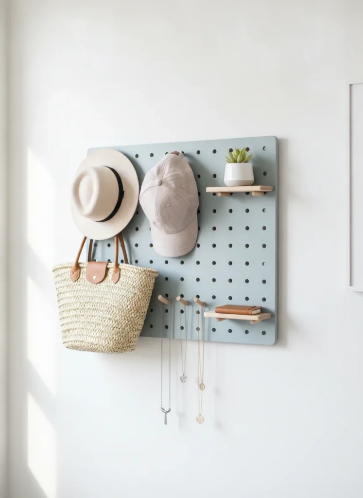  A small painted wood pegboard mounted on a bedroom wall with various hooks and small shelves attached. On it hangs a bag, two hats, a few necklaces, and a small plant in a pot. Shot at eye level, bright daylight, modern and intentional look.