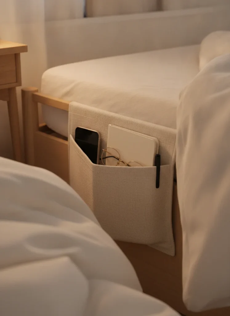 A linen bedside caddy hanging between the mattress and the bed frame on the side of a bed. It holds a phone, reading glasses, a small notebook, and a pen. Shot from above looking down, warm lamp light at night, cozy and practical.