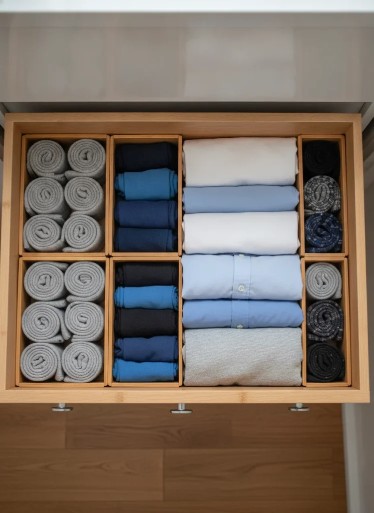  Inside an open bedroom dresser drawer, a set of adjustable bamboo dividers separates socks, underwear, and folded shirts into distinct zones. Everything is neatly stacked. Shot from directly above, bright overhead light, very satisfying.
