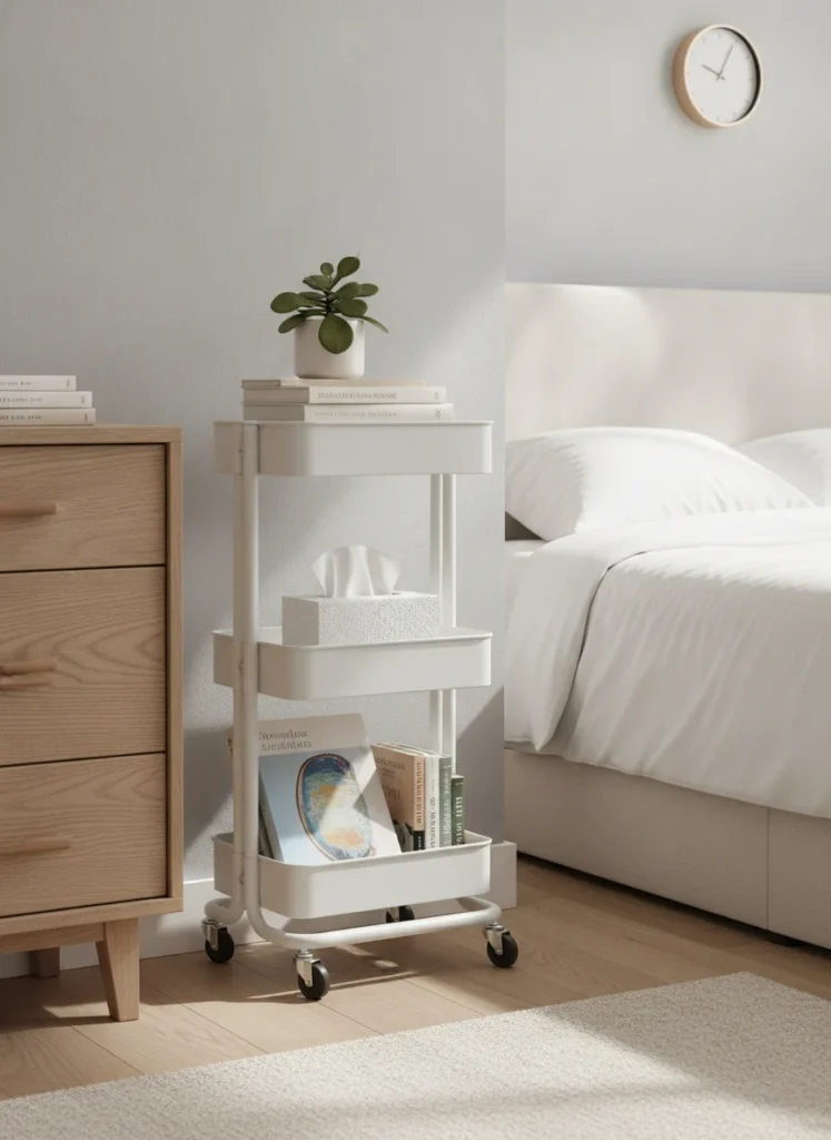 A slim 3-tier rolling cart in matte white positioned between a small dresser and a wall in a bedroom. The tiers hold books, a small plant, and a box of tissues. Shot from eye level, bright natural light, clean and modern look.