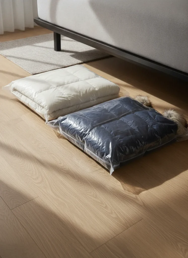 Two vacuum-compressed storage bags sitting flat under a bed. One holds a comforter, the other holds a puffy winter jacket. Both bags are completely flat. Shot from floor level, dim natural light, practical and space-saving.