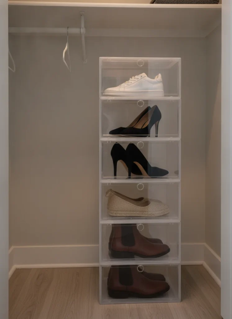  A stack of four clear acrylic shoe boxes in a small closet. Each box shows the shoe inside clearly. The boxes are stacked neatly with the open side facing out. Shot from eye level, bright closet light, very neat and organized.