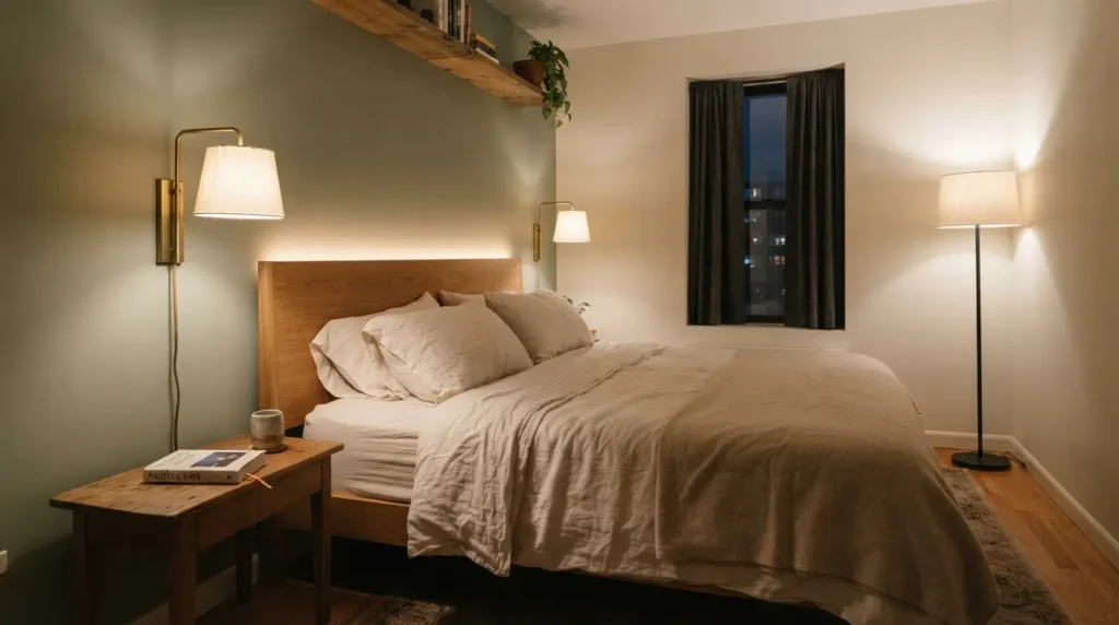Professional 35mm architectural interior photograph of a real compact bedroom in an urban apartment, horizontal 16:9 composition. Layered warm 2700K evening lighting without overhead ceiling glare. A slim brass plug-in sconce with a slightly rumpled cream linen shade is mounted beside the bed, casting a warm downward pool of light. A subtle, low-intensity warm LED strip washes the wall behind a simple solid oak headboard. A tall slender floor lamp is turned on in the far corner, gently bouncing light off an 8-foot ceiling. Bed dressed in relaxed, rumpled ivory linen sheets with realistic fabric wrinkles and imperfectly arranged pillows. A half-read paperback and small ceramic water cup sit on a narrow wood nightstand with visible grain. Authentic apartment room proportions, realistic soft shadows, gentle depth of field, natural warm color palette, no HDR, no glossy CGI surfaces, no surreal perfection. --ar 16:9