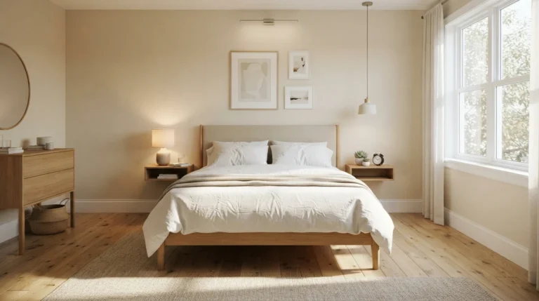 Smart 10x10 bedroom layout ideas with a centered queen bed and slim floating nightstands