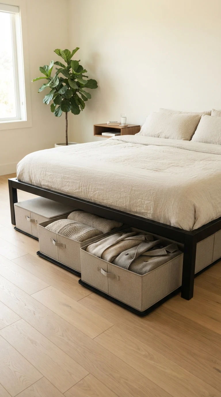 Fourteen-inch tall metal platform bed frame with structured under-bed storage containers holding blankets