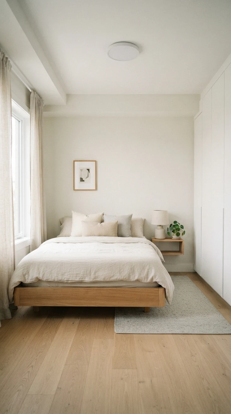 minimalist 6-inch low-profile oak platform bed frame in low ceiling bedroom