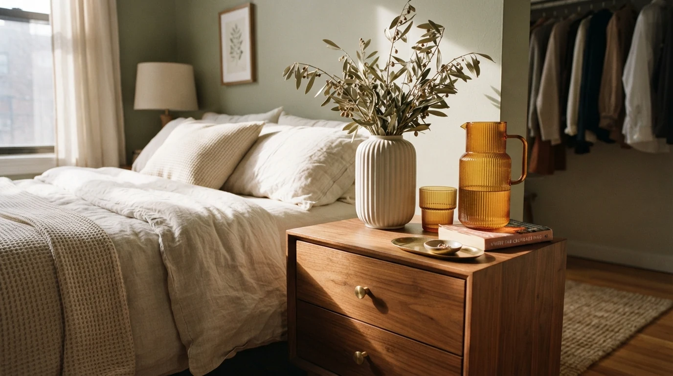curated amazon bedroom decor finds under $30 on wooden nightstand with ceramic vase and carafe