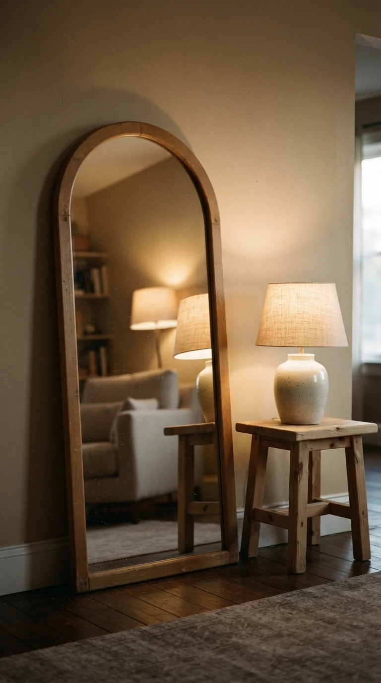 Arched full-length floor mirror leaning against wall reflecting warm ceramic lamp light
