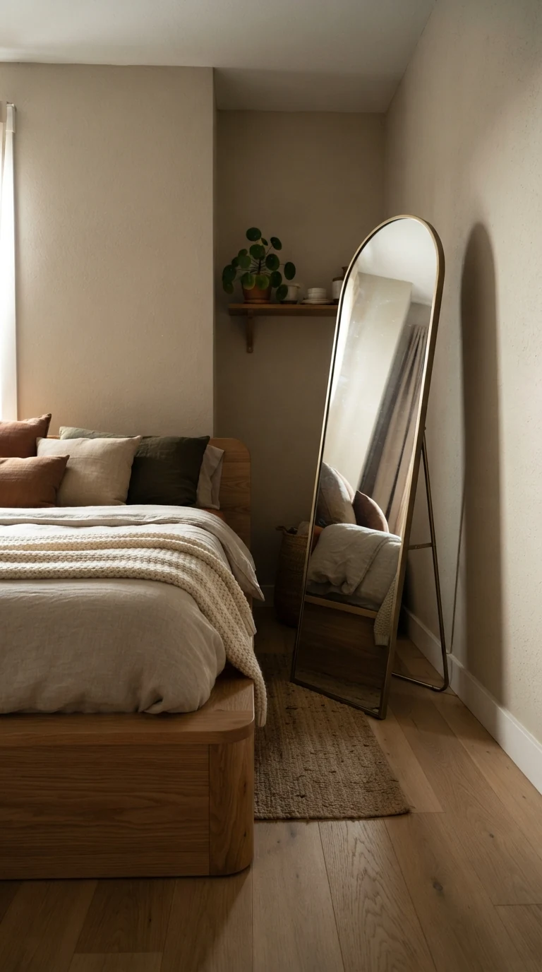 Slim brushed brass arched floor mirror standing on a metal bracket in a small apartment bedroom corner