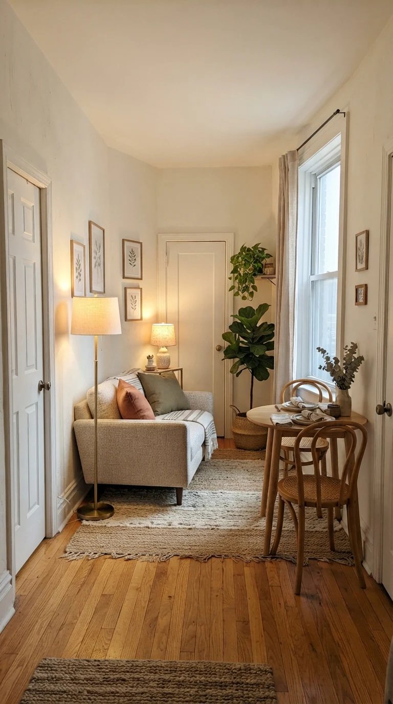 Awkward apartment living room with loveseat angled diagonally in corner and small round dining table placed parallel to window wall in opposite corner