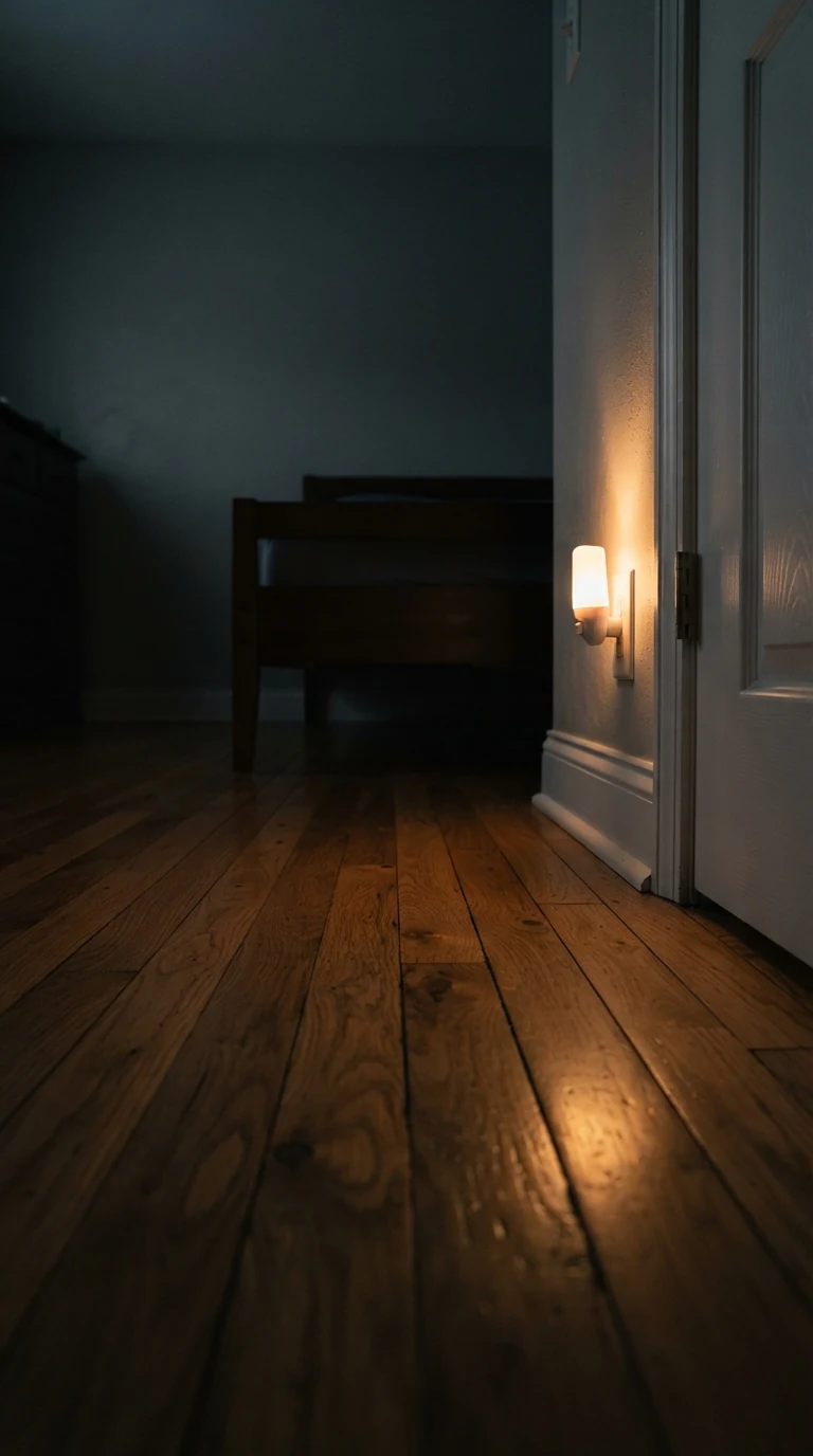 Low-profile amber LED nightlight plugged into a baseboard outlet casting a soft wash across wood floors