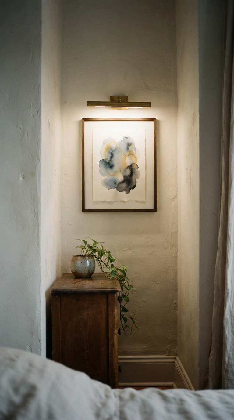 Slim brass picture light illuminating a framed art print on the far diagonal wall of a small bedroom
