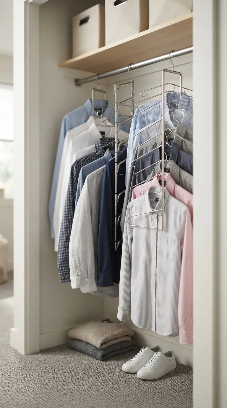 Stainless steel cascading hanger organizers hanging multiple shirts vertically in a narrow bedroom closet