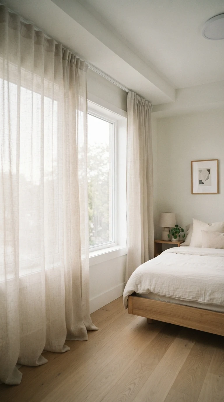 floor-to-ceiling sheer linen curtains on flush ceiling-mounted track