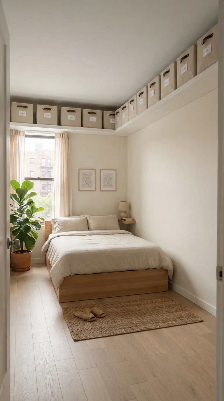 Continuous floating white shelf near the ceiling holding a row of matching cream linen storage boxes