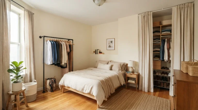 Practical clothes storage for a bedroom with no closet featuring a black pipe clothing rack and linen curtains