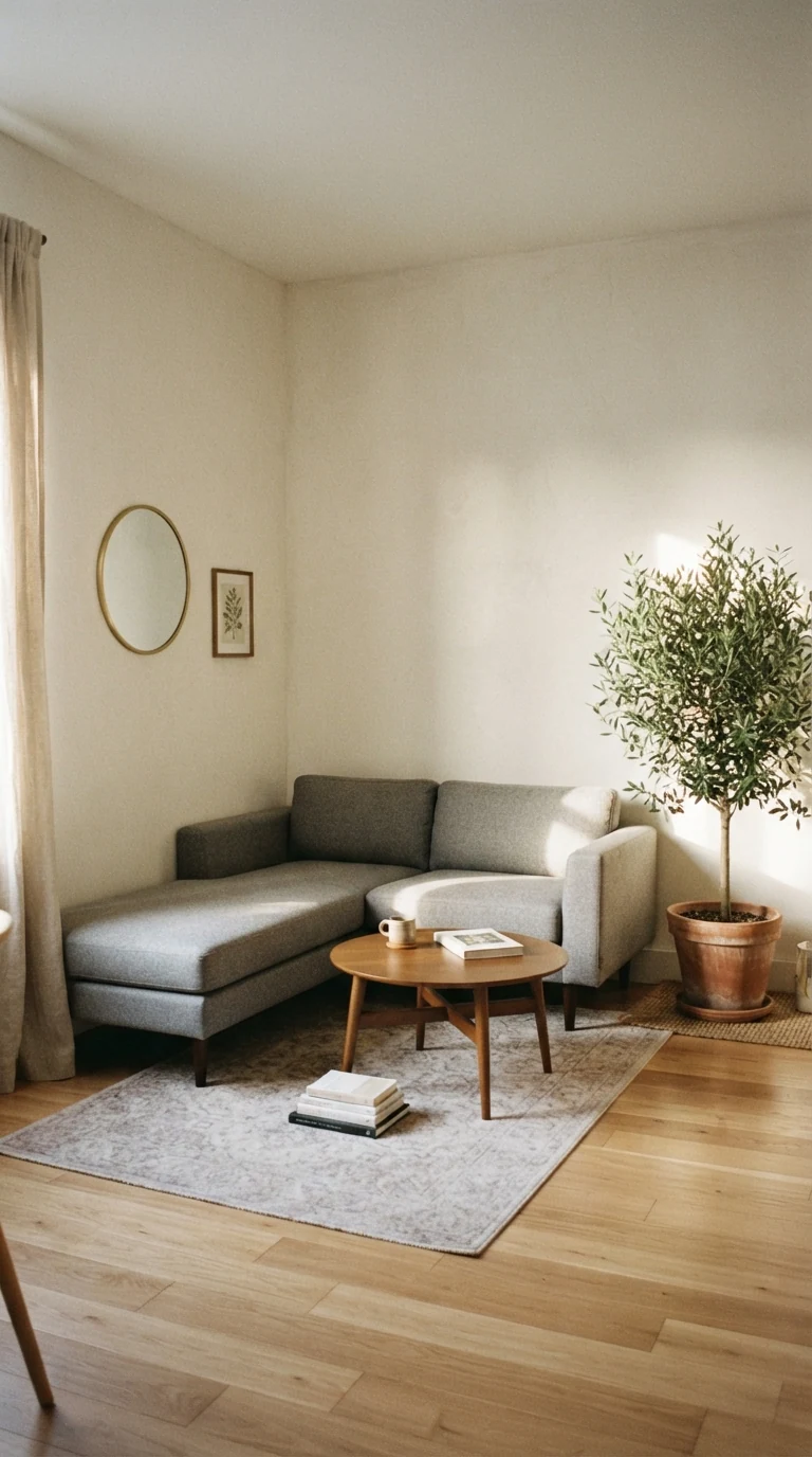 Compact grey sectional sofa tucked neatly into a back corner of a small apartment living room
