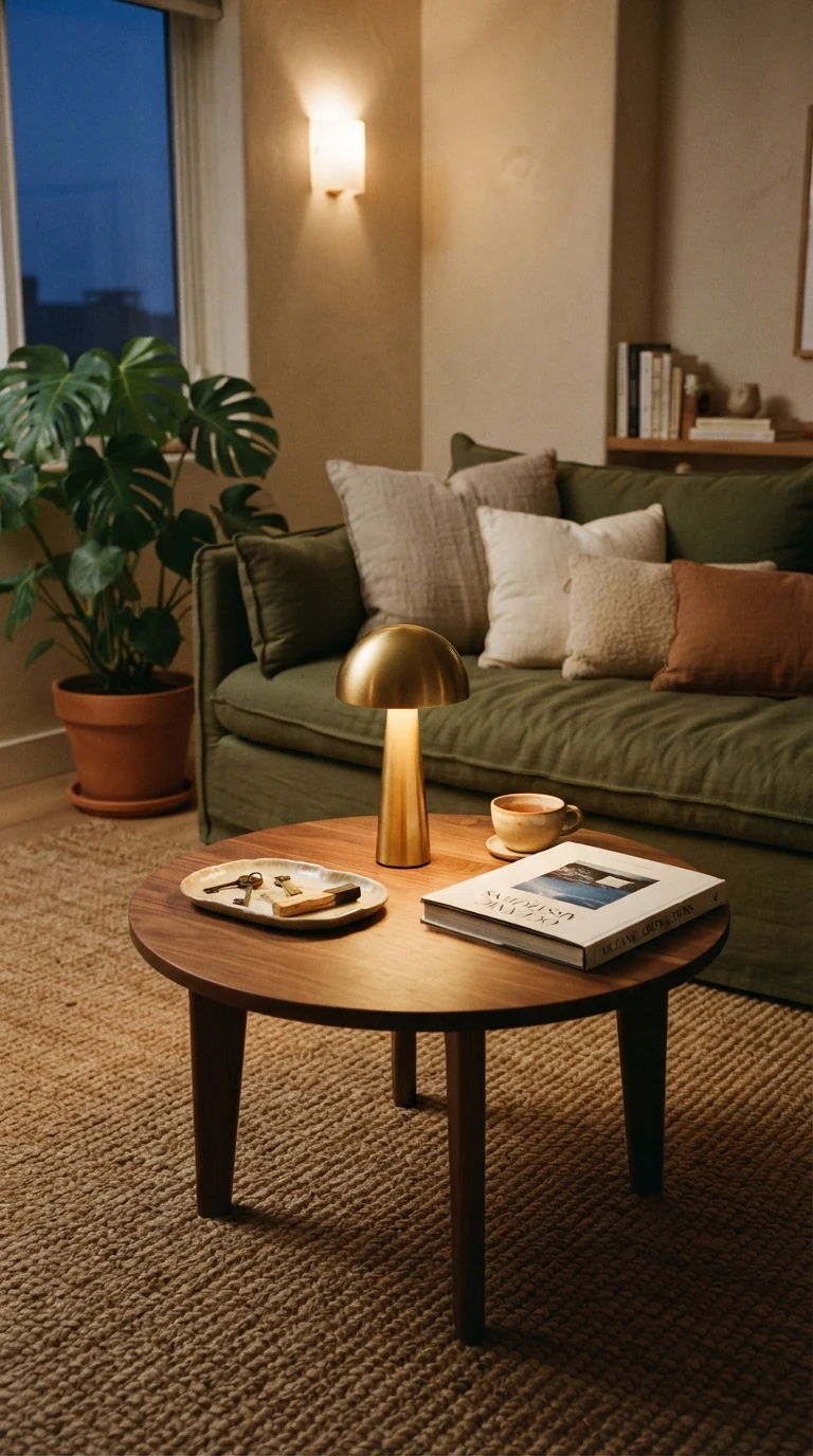 Cordless rechargeable metal mushroom table lamp on a wooden coffee table giving off a warm amber glow without visible cords