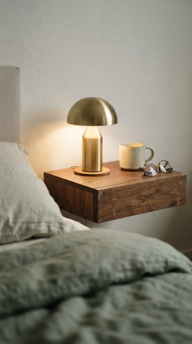 Cordless rechargeable brushed brass mushroom touch lamp on a compact bedroom nightstand
