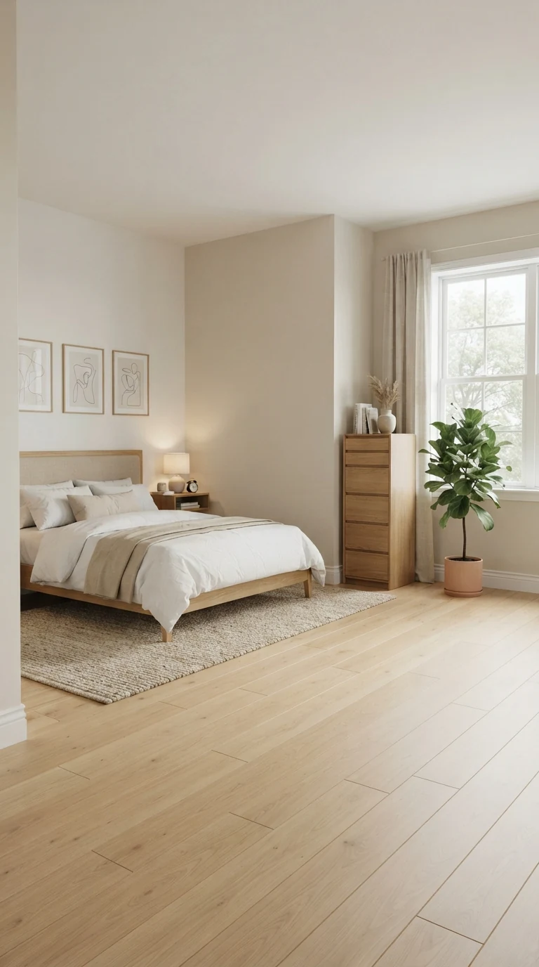 Corner-tucked queen bed in a 10x10 bedroom opening up floor space for a tall vertical dresser
