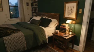 dark academia bedroom ideas on a budget with walnut furniture warm lamp glow and vintage books
