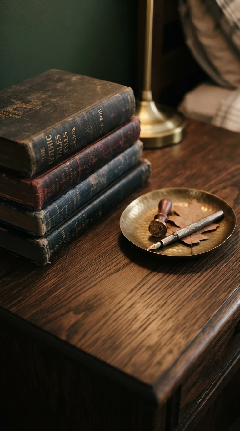 upcycled dark walnut gel stain nightstand with vintage hardcover books and brass dish