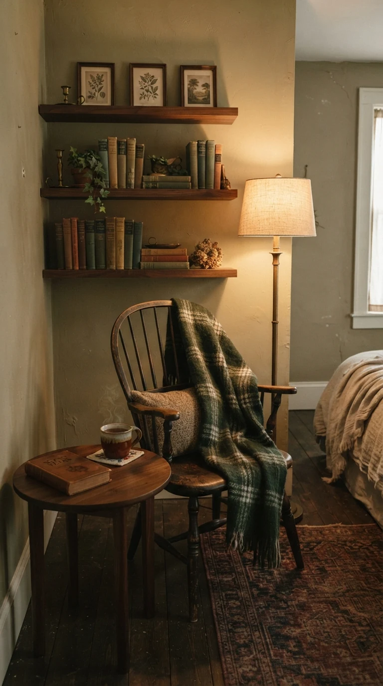 dark academia bedroom reading nook with wooden armchair floating shelves and warm lamp