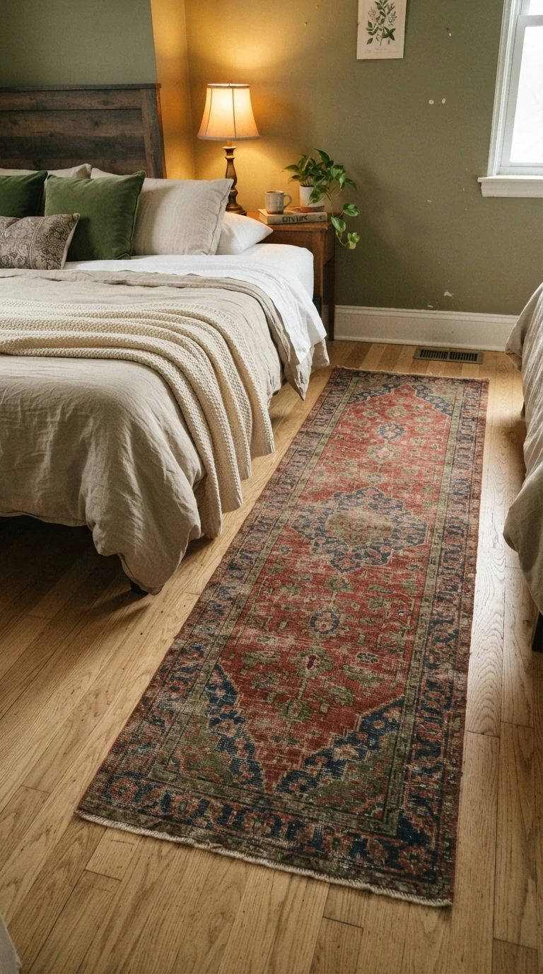 distressed vintage Persian runner rug in brick red and navy on apartment bedroom floor