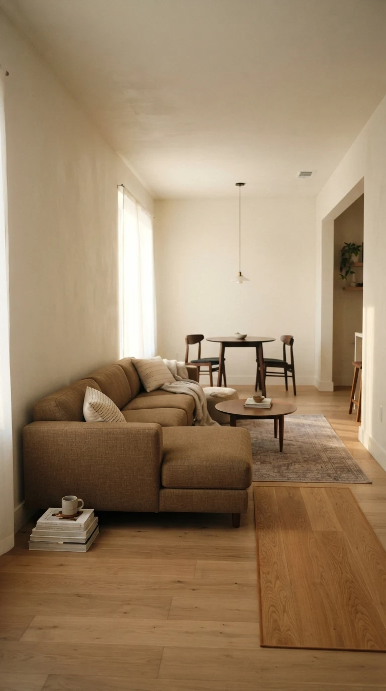 Floating linen sectional sofa dividing an open-plan apartment living space from the dining area