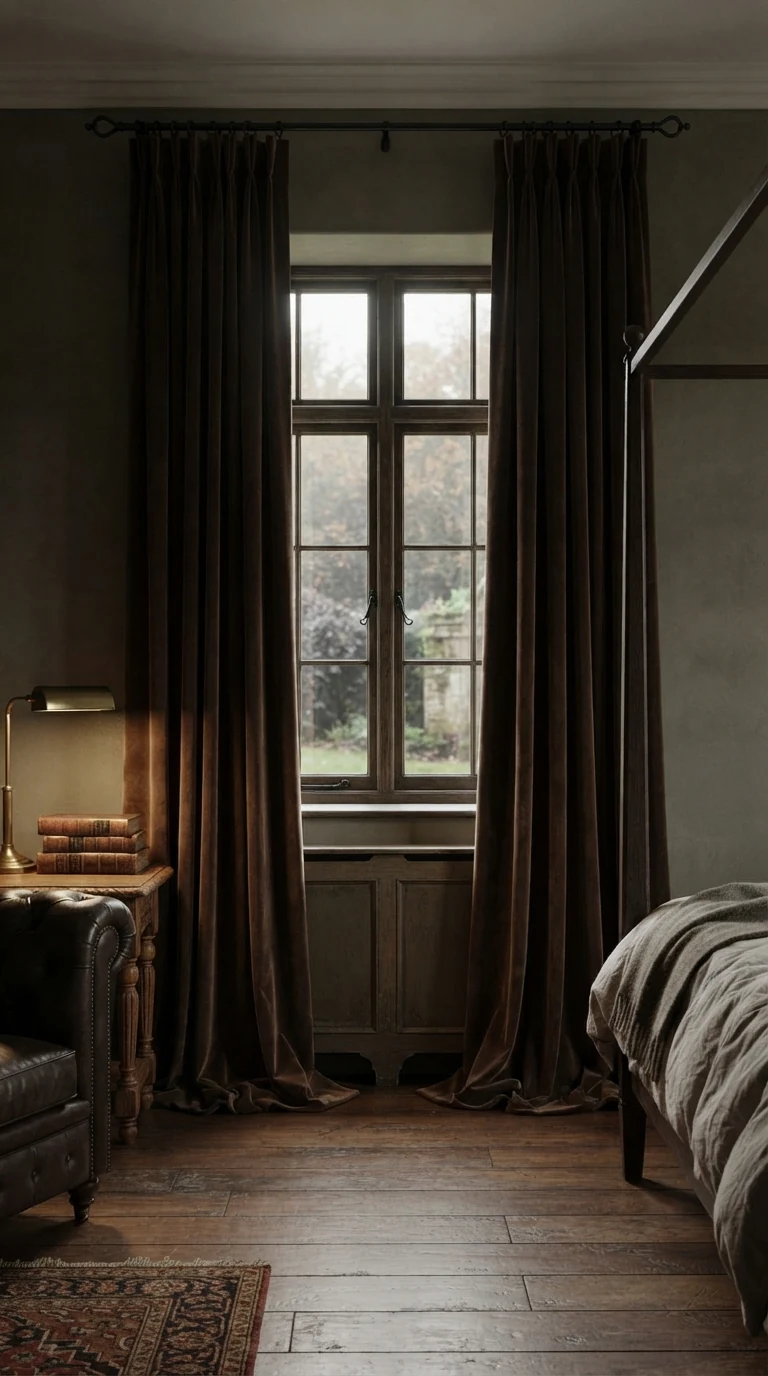 floor-to-ceiling heavy chocolate brown velvet curtains hung high framing a bedroom window