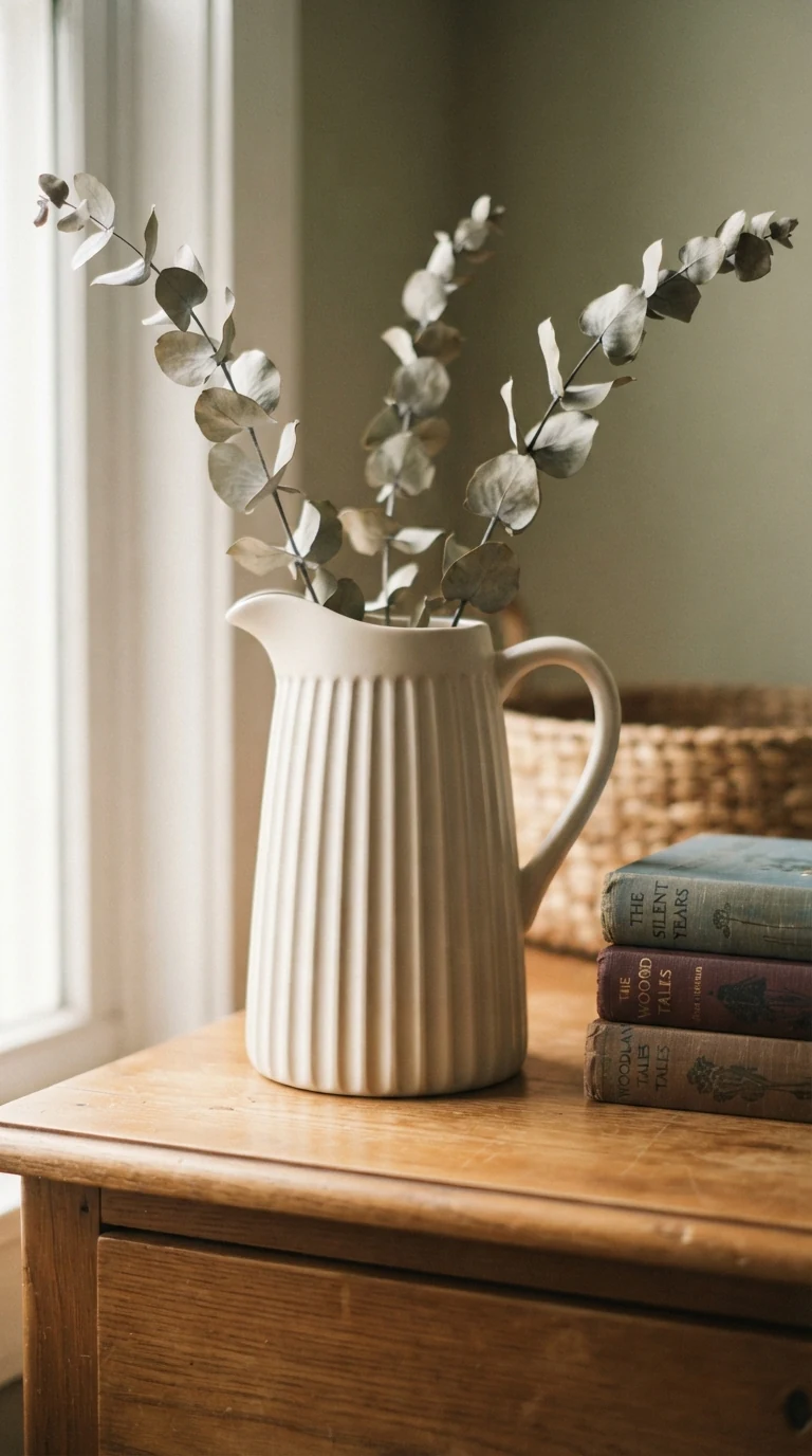 fluted matte ceramic pitcher vase in off-white glaze with dried eucalyptus stems