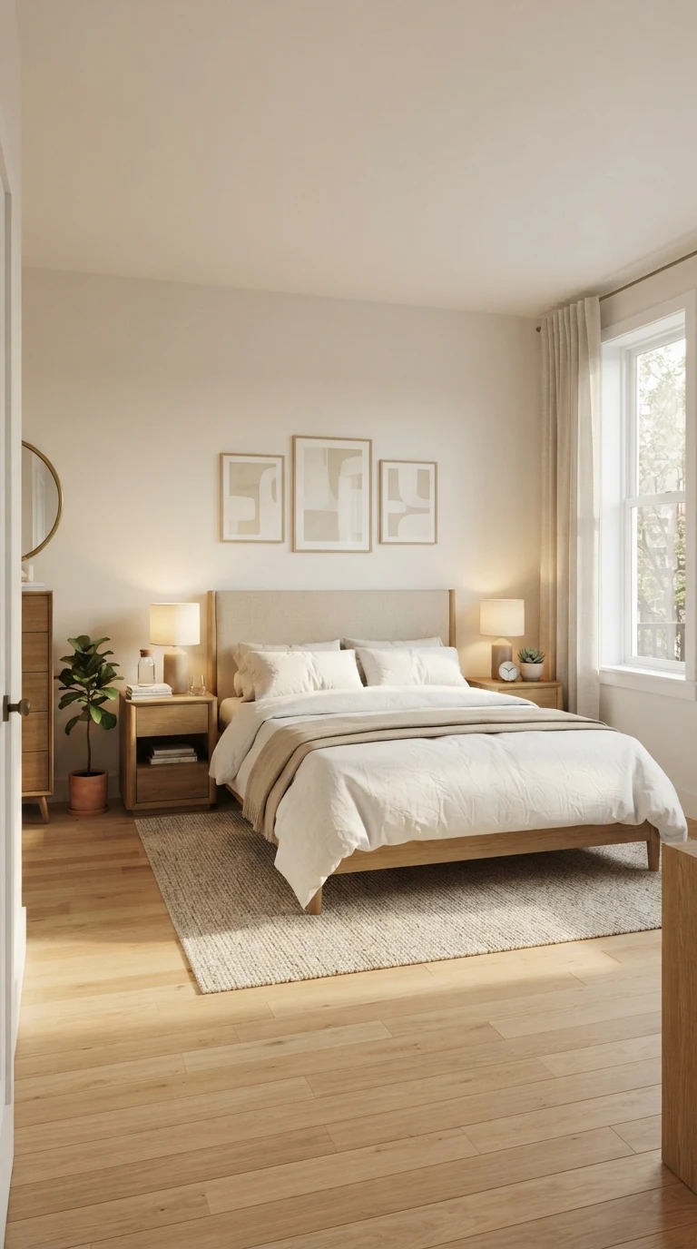 Full-size bed arrangement in a 10x10 bedroom showing generous walking clearance and breathing room