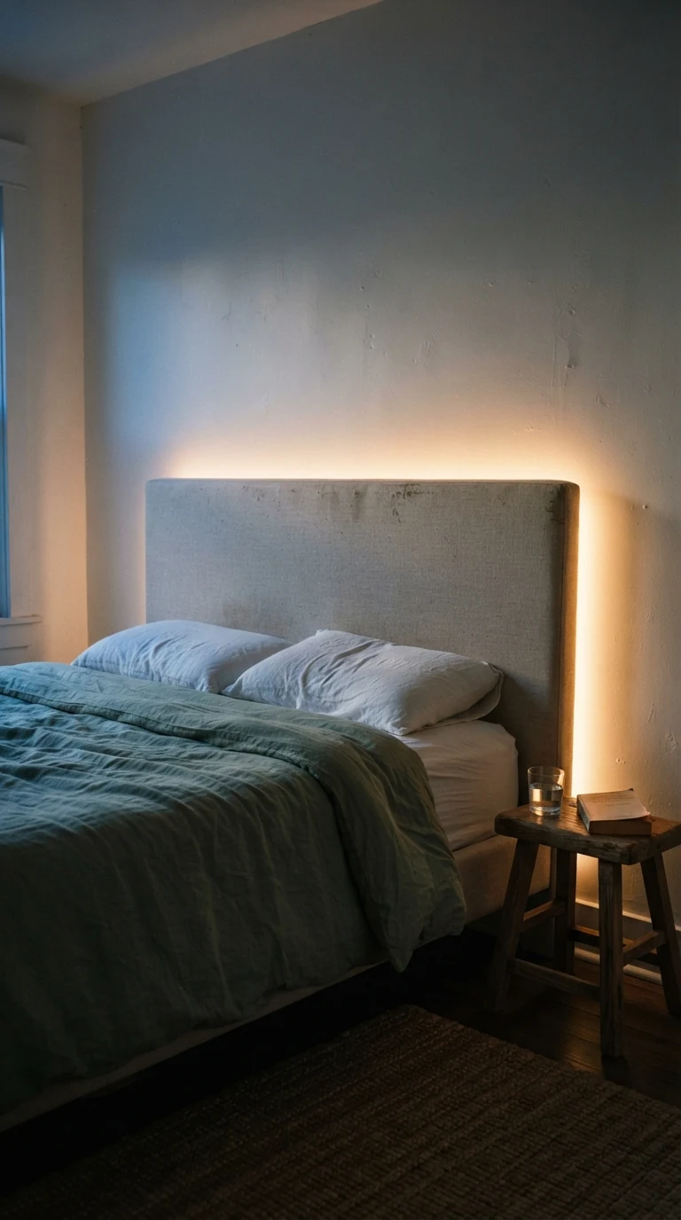 Headboard backlit with warm amber LED strip lighting creating a soft floating halo effect