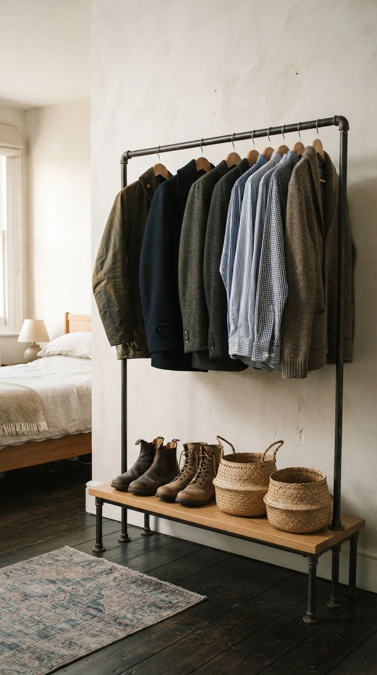 Heavy-duty industrial black steel clothing rack holding jackets and shirts with a bottom wooden shoe shelf