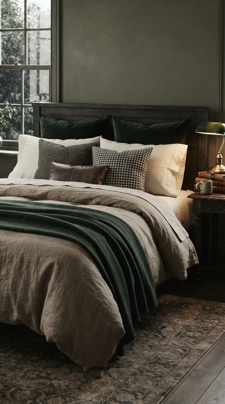 bed layered with dark green herringbone wool throw blanket and washed linen duvet